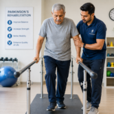 Physiotherapist assisting a Parkinson’s patient during rehabilitation exercises in a physiotherapy clinic.