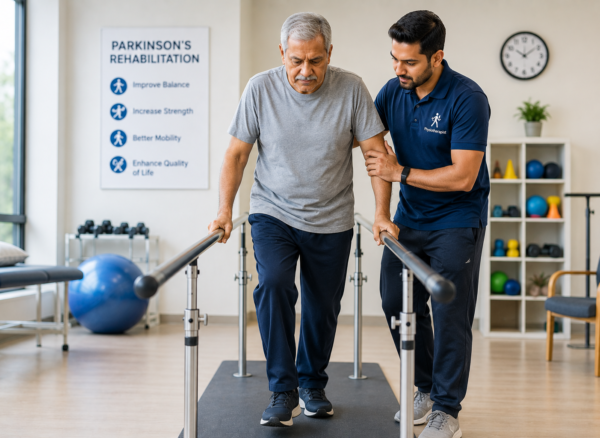 Physiotherapist assisting a Parkinson’s Physiotherapist assisting a Parkinson’s patient during rehabilitation exercises in a physiotherapy clinic.