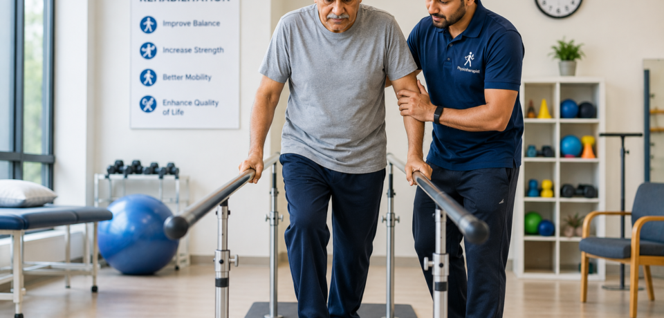 Physiotherapist assisting a Parkinson’s patient during rehabilitation exercises in a physiotherapy clinic.