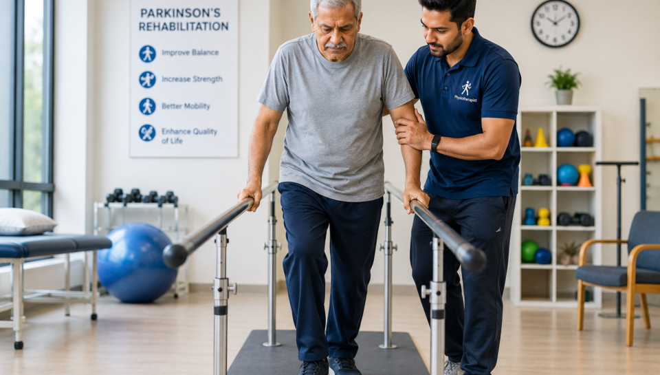 Physiotherapist assisting a Parkinson’s patient during rehabilitation exercises in a physiotherapy clinic.