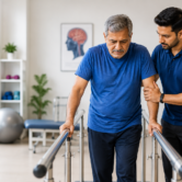 Physiotherapist helping stroke patient with walking rehabilitation in a modern physiotherapy clinic.