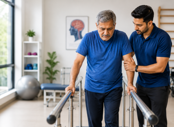 early-stroke-rehabilitation-nalasopara-west. Physiotherapist helping stroke patient with walking rehabilitation in a modern physiotherapy clinic.