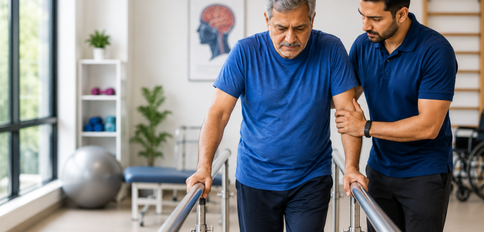 Physiotherapist helping stroke patient with walking rehabilitation in a modern physiotherapy clinic.
