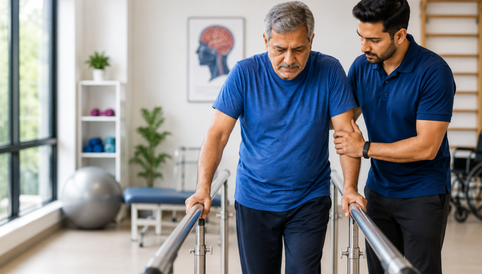 Physiotherapist helping stroke patient with walking rehabilitation in a modern physiotherapy clinic.