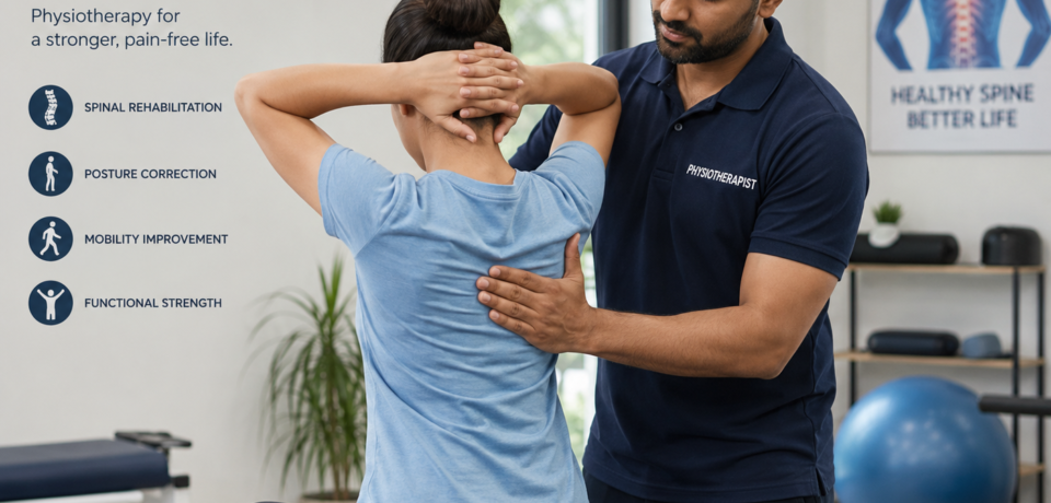 Physiotherapist helping patient during spine injury rehab session at Book My Rehab.