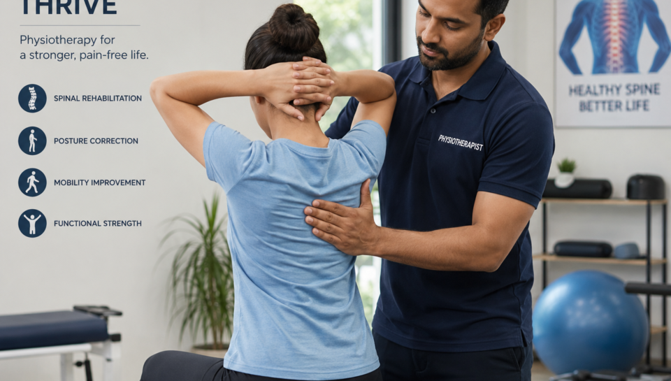 Physiotherapist helping patient during spine injury rehab session at Book My Rehab.