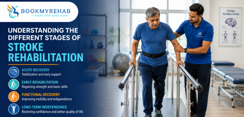 Physiotherapist helping a stroke patient during rehabilitation and recovery training.
