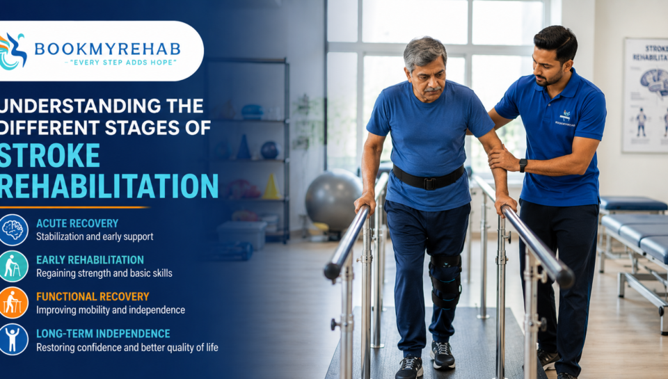 Physiotherapist helping a stroke patient during rehabilitation and recovery training.