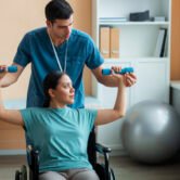 cardiac-rehabilitation-nalasopara. Physiotherapist assisting a cardiac rehabilitation patient with supervised exercise therapy in a modern rehabilitation clinic.