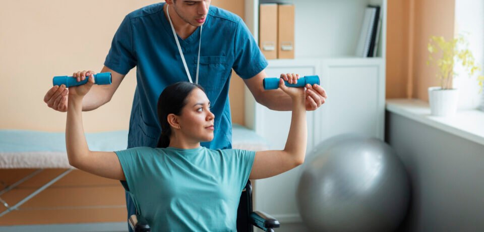 Physiotherapist assisting a cardiac rehabilitation patient with supervised exercise therapy in a modern rehabilitation clinic.