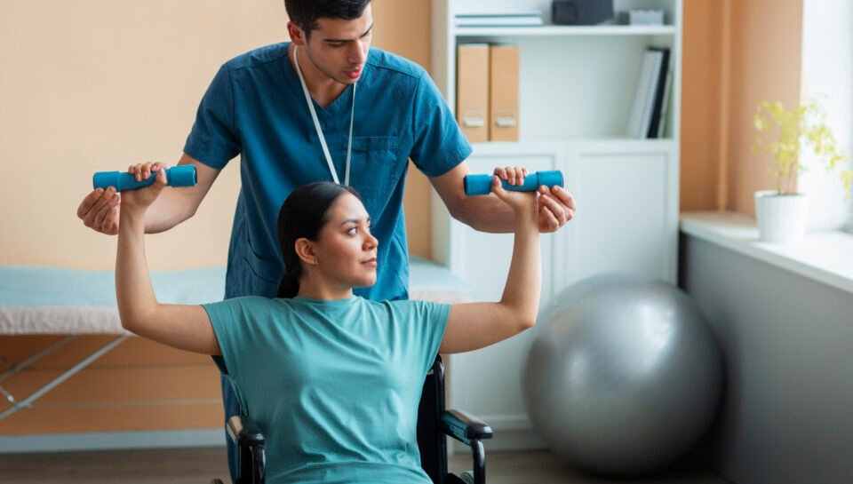 Physiotherapist assisting a cardiac rehabilitation patient with supervised exercise therapy in a modern rehabilitation clinic.