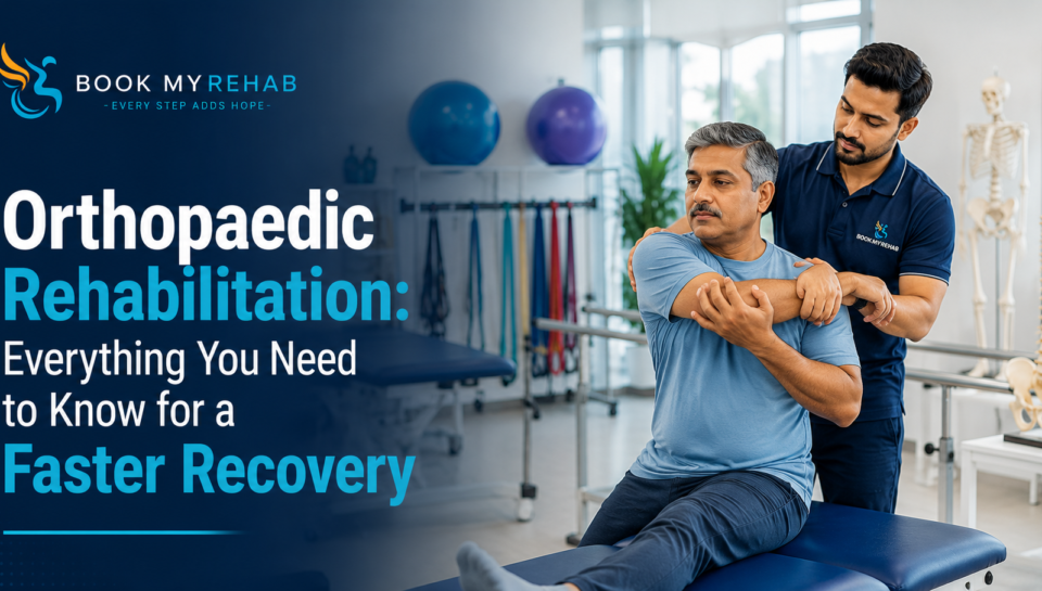 Physiotherapist helping an orthopaedic patient recover with guided rehabilitation exercises in a modern physiotherapy clinic.