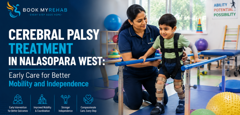 Physiotherapist helping a child with cerebral palsy improve mobility and coordination in Nalasopara West.