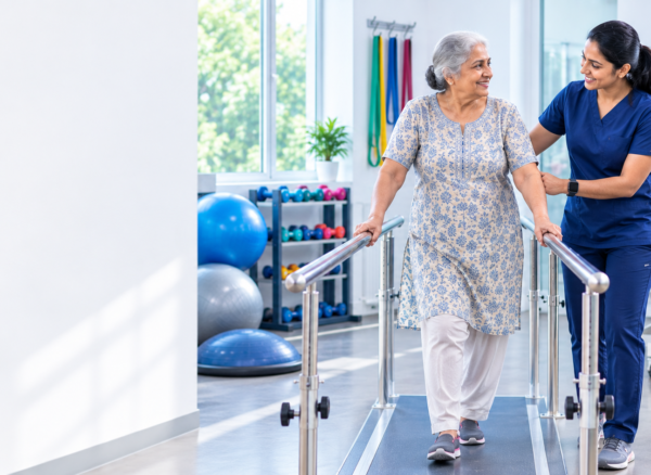 Physiotherapist helping an elderly patient improve balance and mobility during rehabilitation
