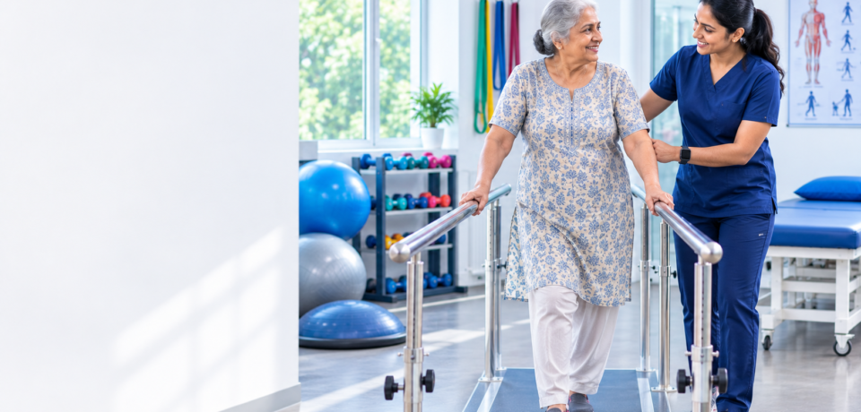 Physiotherapist helping an elderly patient improve balance and mobility during rehabilitation