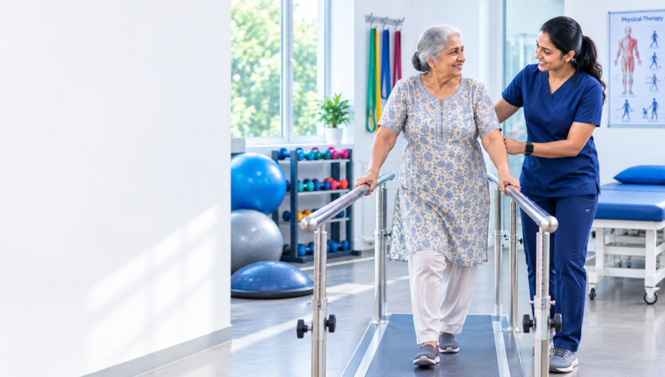 Physiotherapist helping an elderly patient improve balance and mobility during rehabilitation