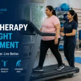 Physiotherapist guiding a patient through weight management exercises in a modern rehabilitation clinic.
