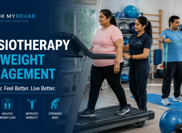 Physiotherapist guiding a patient through weight management exercises in a modern rehabilitation clinic.