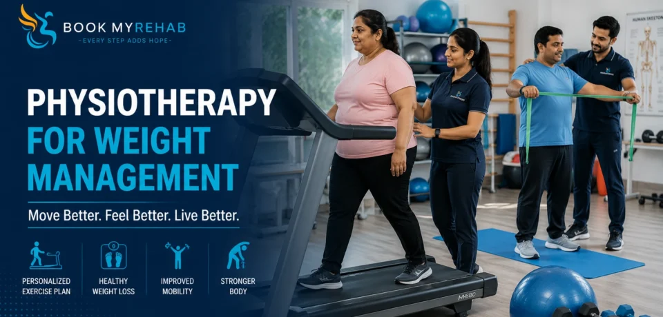 Physiotherapist guiding a patient through weight management exercises in a modern rehabilitation clinic.