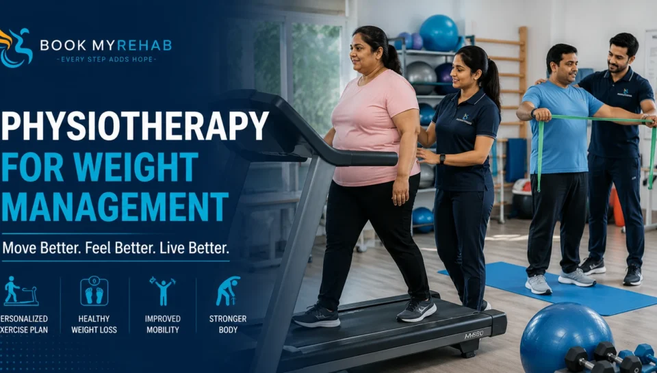 Physiotherapist guiding a patient through weight management exercises in a modern rehabilitation clinic.