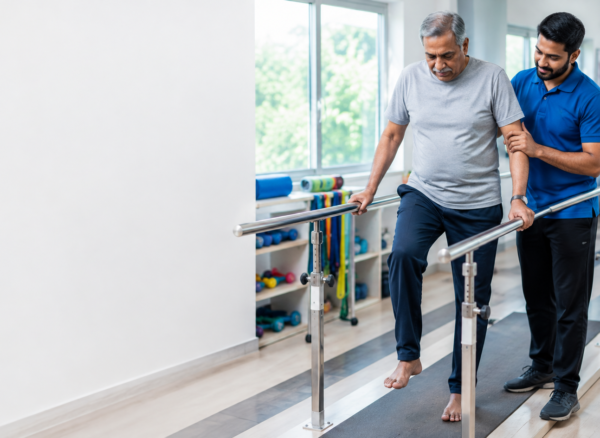 Physiotherapist helping a stroke patient improve walking and mobility during rehabilitation