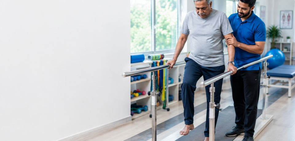 Physiotherapist helping a stroke patient improve walking and mobility during rehabilitation