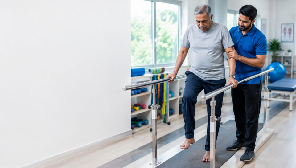 Physiotherapist helping a stroke patient improve walking and mobility during rehabilitation