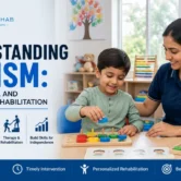 Child receiving personalized rehabilitation support from a therapist in a modern therapy clinic