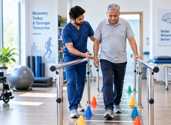 Physiotherapist helping a stroke survivor improve walking and balance during rehabilitation