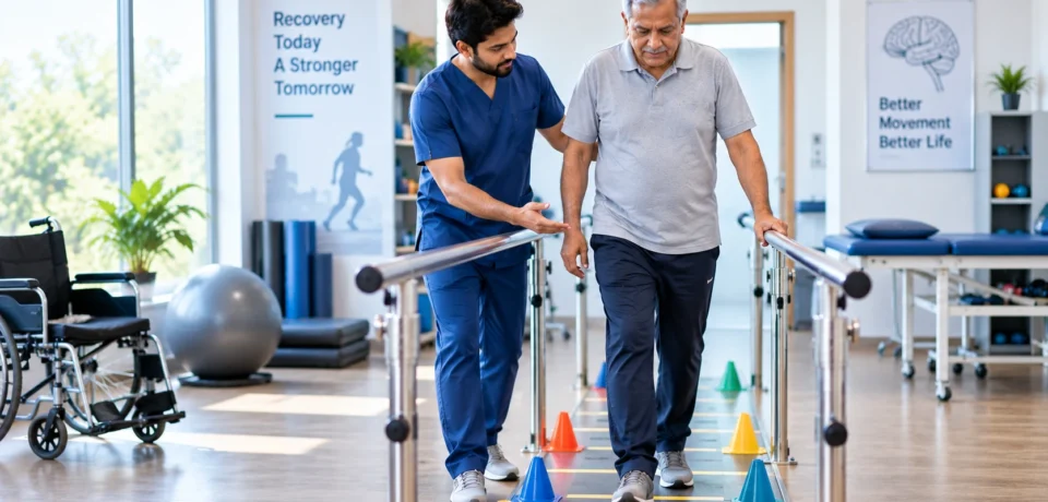 Physiotherapist helping a stroke survivor improve walking and balance during rehabilitation