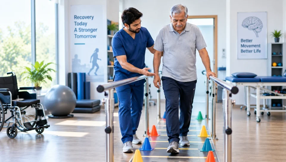 Physiotherapist helping a stroke survivor improve walking and balance during rehabilitation