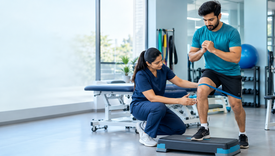 Physiotherapist helping a patient with ACL rehabilitation in Nalasopara