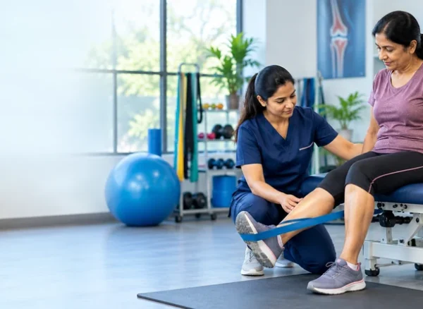Physiotherapist guiding a patient through arthritis rehabilitation exercises to improve knee mobility.