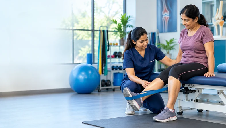 Physiotherapist guiding a patient through arthritis rehabilitation exercises to improve knee mobility.
