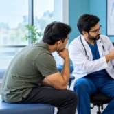 Spine specialist reviewing a patient's spinal scan during a consultation.