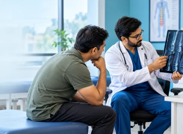 Spine specialist reviewing a patient's spinal scan during a consultation.