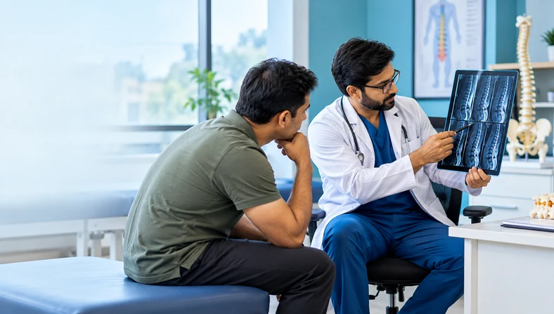 Spine specialist reviewing a patient's spinal scan during a consultation.