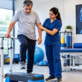 Physiotherapist helping a patient practise mobility and balance exercises during neuro rehabilitation.