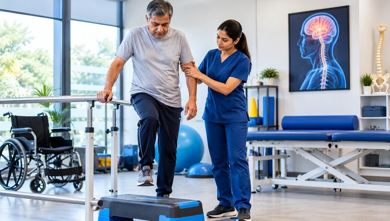 Physiotherapist helping a patient practise mobility and balance exercises during neuro rehabilitation.