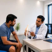 Orthopaedic specialist discussing a patient's joint condition and treatment options during a consultation.