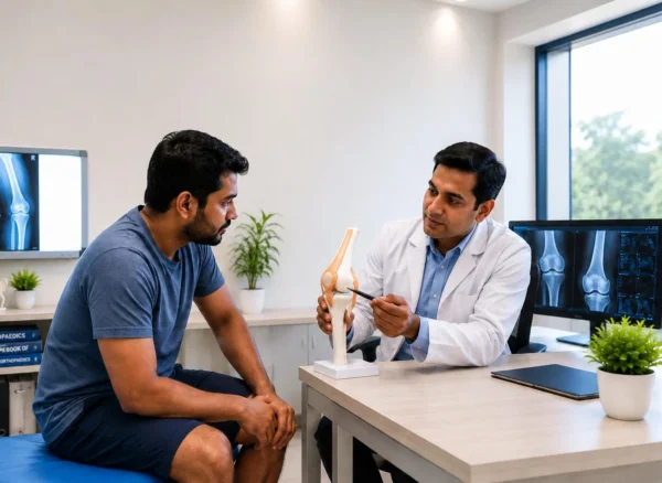 Orthopaedic specialist discussing a patient's joint condition and treatment options during a consultation.