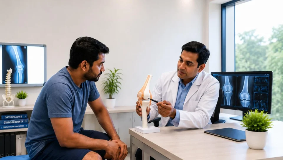 Orthopaedic specialist discussing a patient's joint condition and treatment options during a consultation.